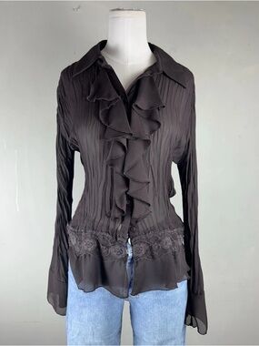 Brown Women's Black Ruffle Lace-Trim Blouse whimsical Victorian vibes